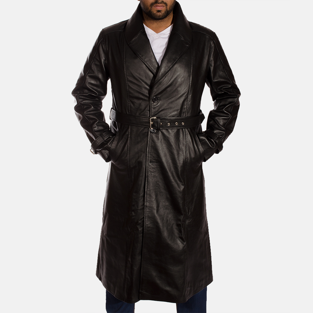 Mens Hooligan Black Leather Trench Coat-1491466003976